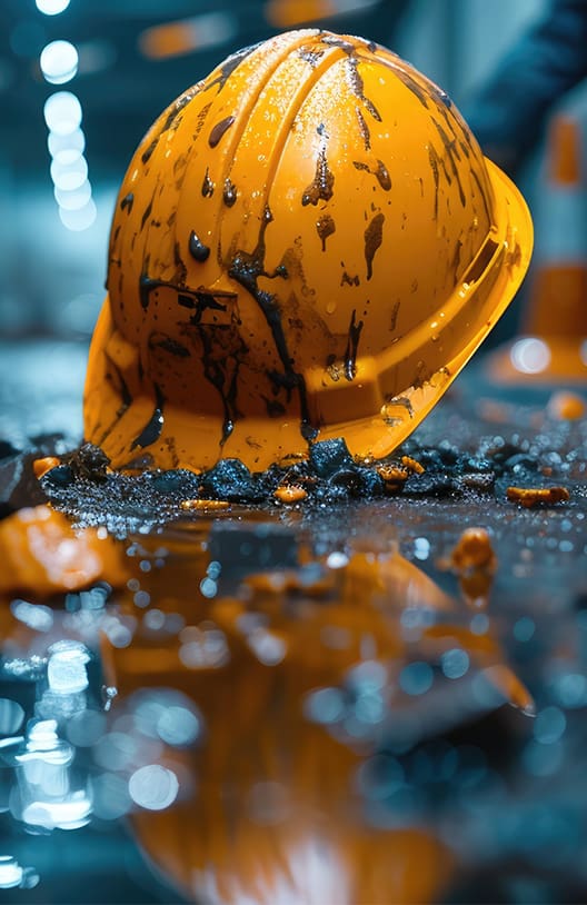 work incident of hard hat with dirt, oil, and blood in concrete